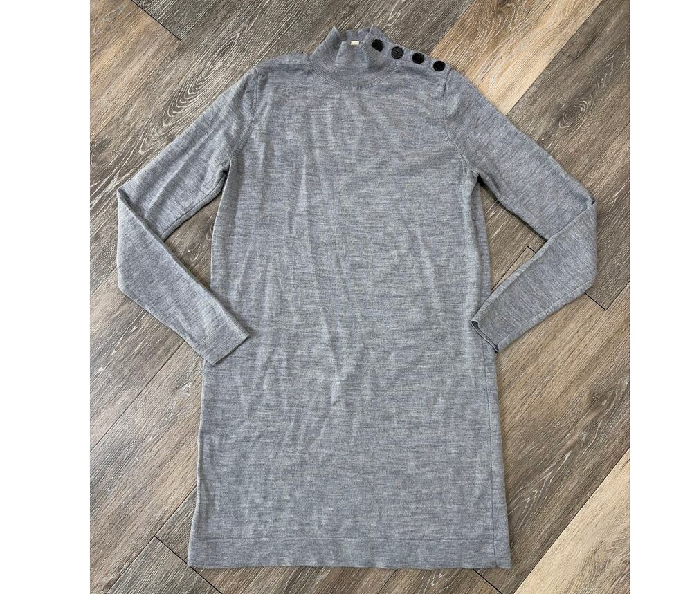 La Maille Sezane Gray Sweater Dress XS Wool Blend Mock Neck Button Shoulder
